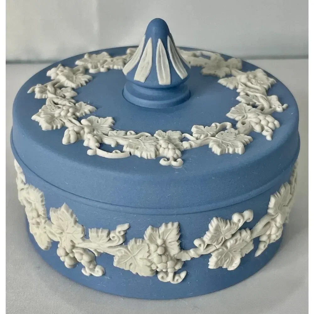 Wedgwood Blue Jasperware Round Acanthus Trinket Box Candy Dish